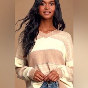 Lulu's Cream and Tan V-Neck Sweater